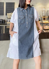Vestidos con solapa acolchada y estilo de pasarela con patchwork de mezclilla y rayas blancas